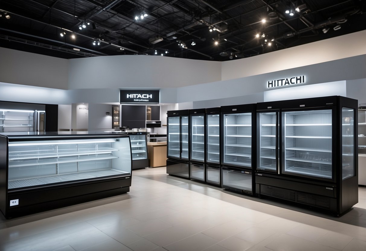 A spacious showroom displays Hitachi fridge models in Singapore. Bright lighting highlights sleek designs and innovative features