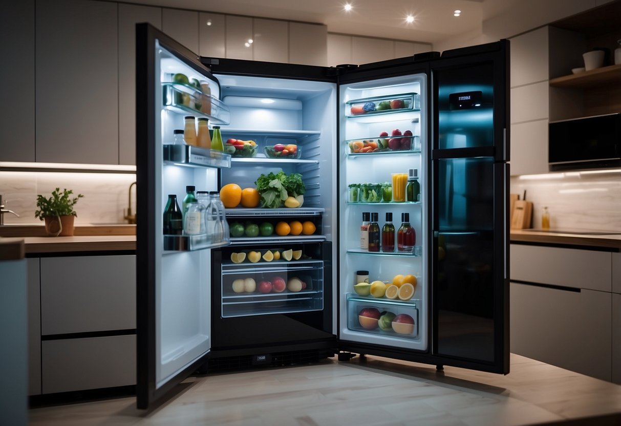 A sleek Hitachi fridge with advanced features and technologies, illuminated by soft LED lighting, stands in a modern kitchen