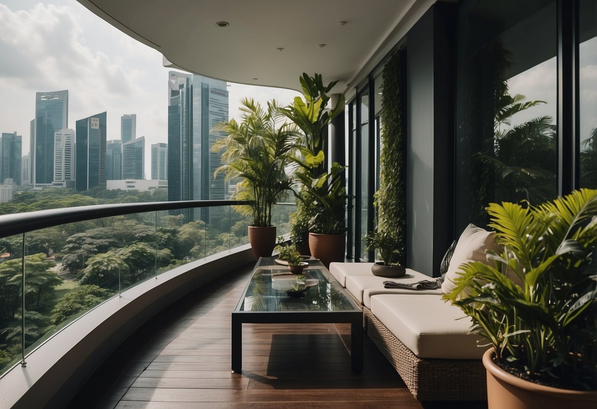 A hotel in Singapore with a balcony overlooking the city skyline and lush greenery
