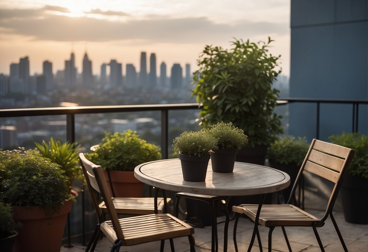 A balcony overlooking the city skyline, with a small table and chairs set up for a relaxing evening. A potted plant adds a touch of greenery to the space