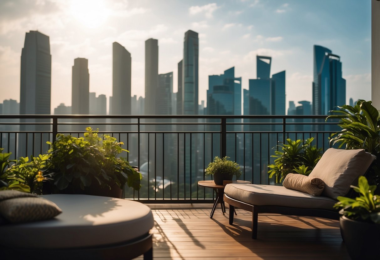 A hotel balcony in Singapore overlooks a sparkling city skyline, with a cozy seating area and lush greenery, offering guests a tranquil and luxurious retreat