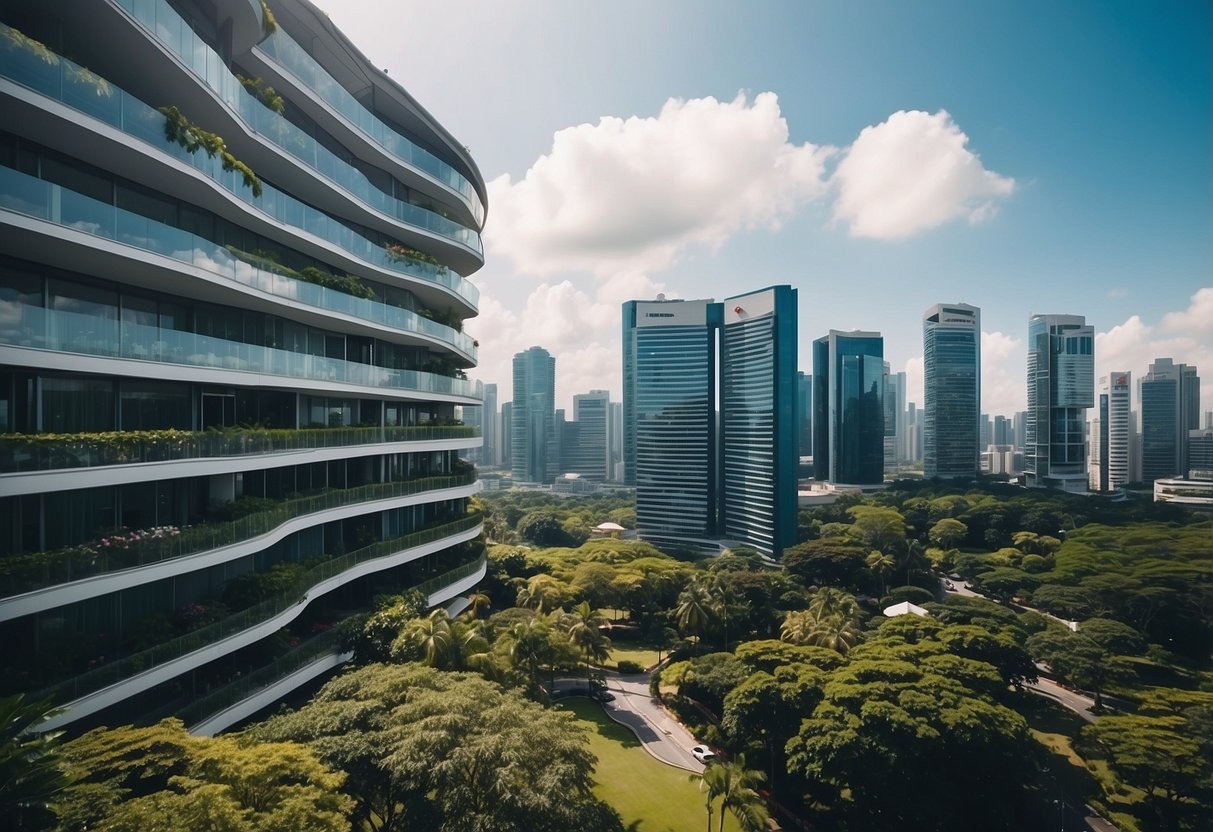 A hotel with a balcony in Singapore, surrounded by skyscrapers and lush greenery, with a clear blue sky and a bustling city below