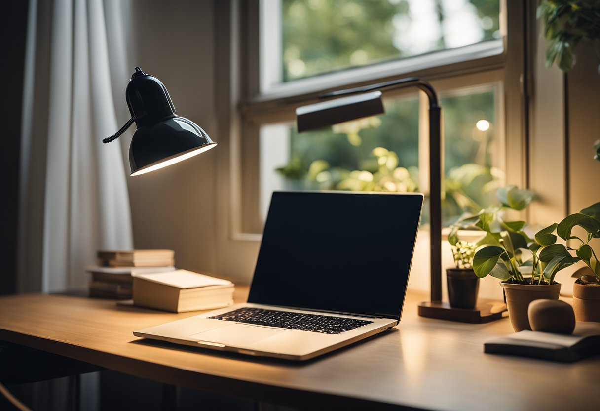 A well-lit desk with a bright desk lamp, natural light from a nearby window, and adjustable overhead lighting