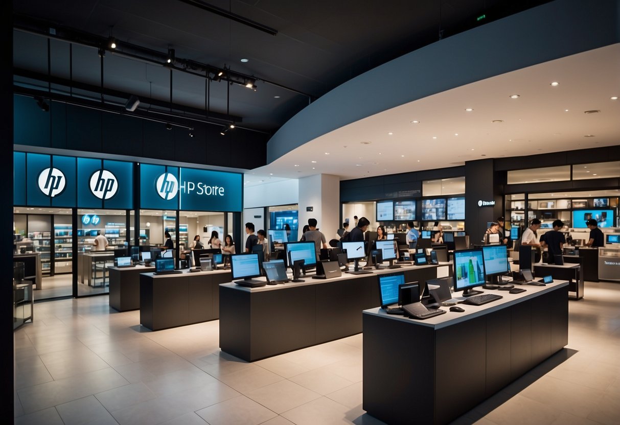 The HP store in Singapore is bustling with customers, with sleek and modern displays of laptops, printers, and accessories. The logo is prominently displayed, and staff members are busy assisting customers