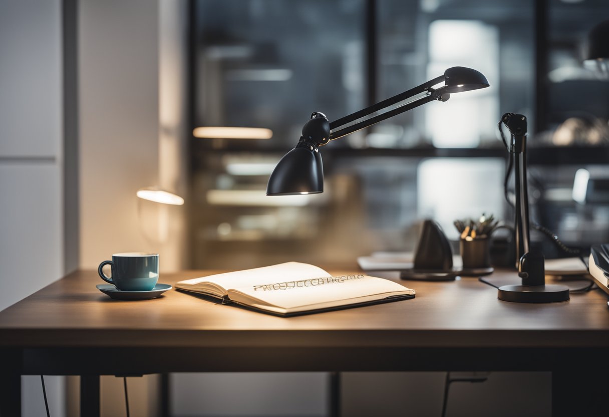 A well-lit desk with a focused task light illuminating the workspace, casting a bright and even light on the surface