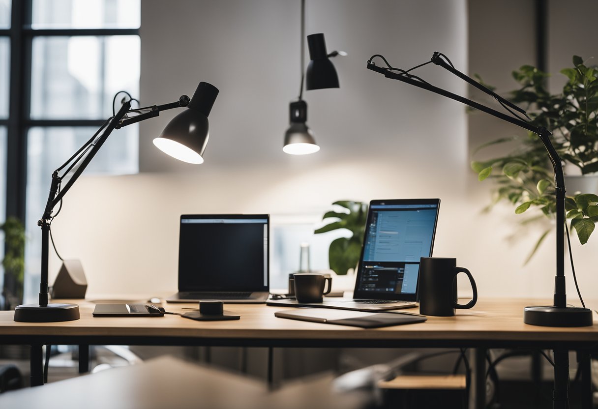 A well-lit workspace with adjustable desk lamps, natural light, and glare-reducing overhead lighting