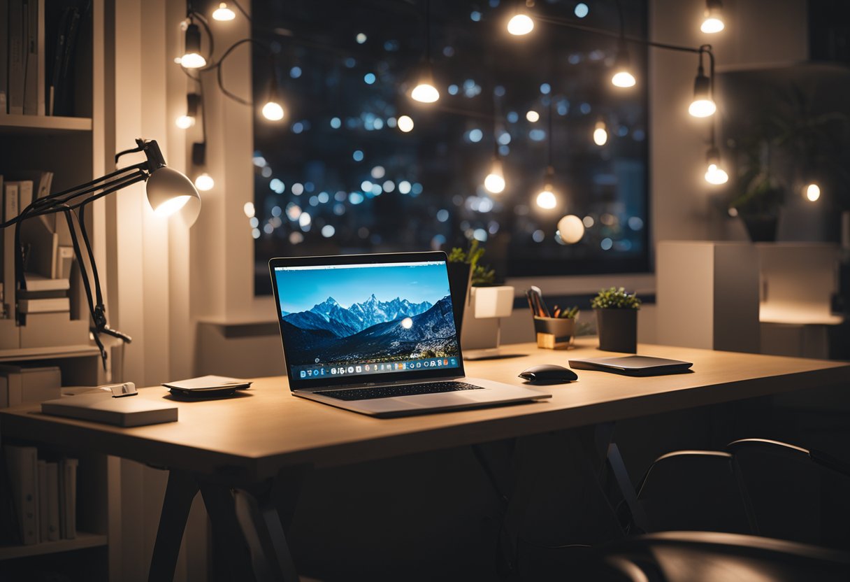 A modern desk with smart lighting illuminating a clutter-free workspace, showcasing the importance of proper lighting for productivity and comfort