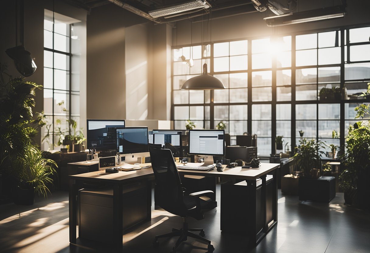 A well-lit workspace with adjustable light sources, including overhead, task, and ambient lighting, creating a comfortable and productive environment