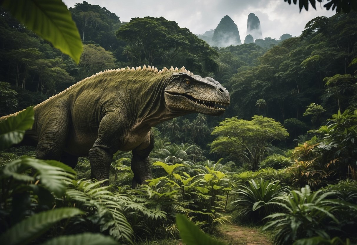 Lush greenery and towering prehistoric creatures roam the jurassic mile in Singapore. The landscape is filled with ancient plants and majestic dinosaurs, creating a mesmerizing and immersive experience for visitors
