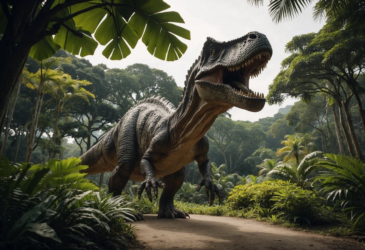 Dinosaurs roam among lush greenery and towering prehistoric trees on the Jurassic Mile in Singapore. The landscape is filled with ancient wonders waiting to be discovered