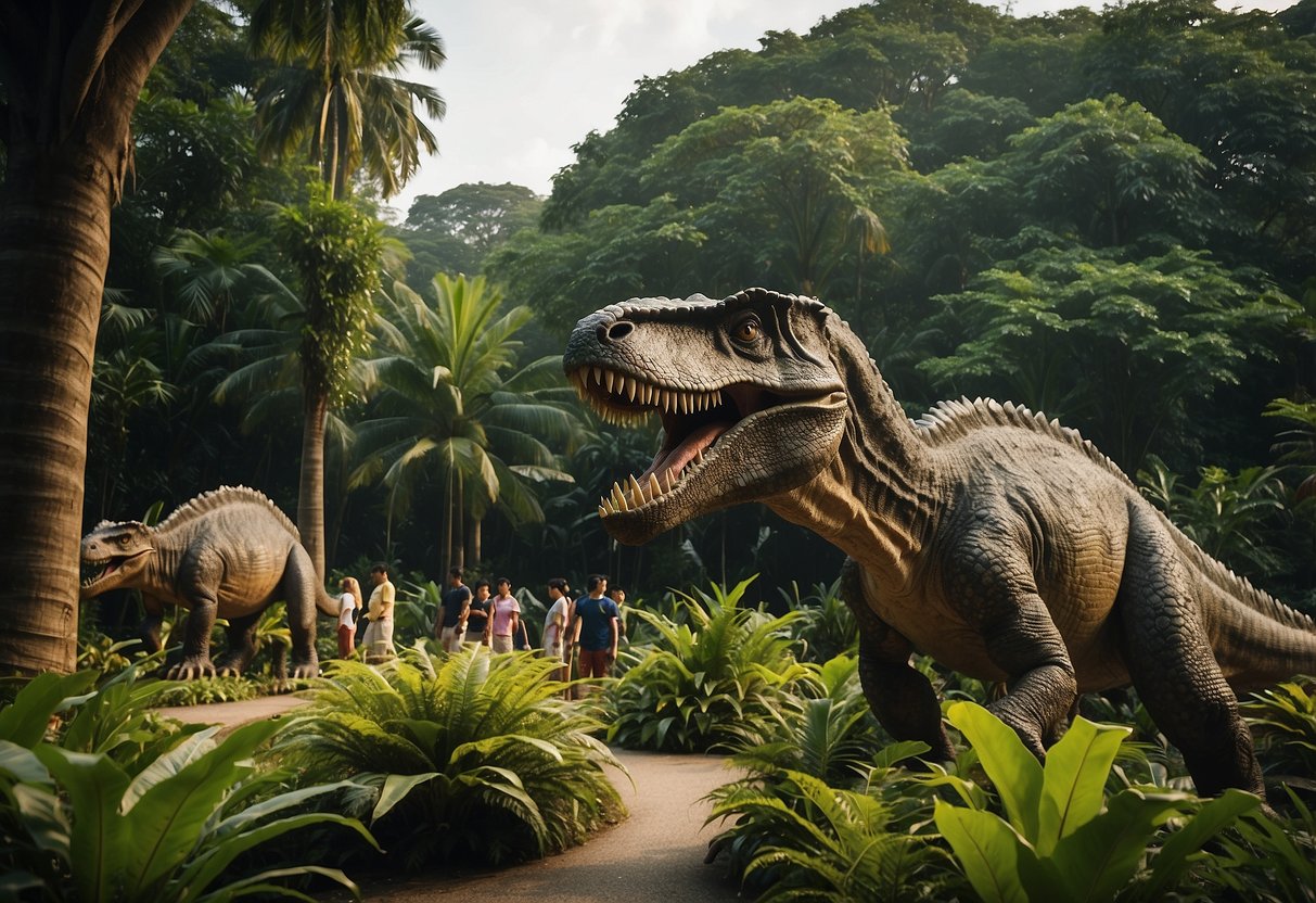 Dinosaurs roam among visitors at the Jurassic Mile in Singapore, with lush greenery and towering prehistoric creatures