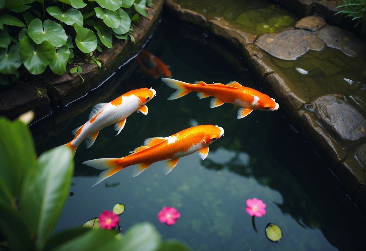 A serene koi pond in Singapore, with vibrant fish swimming gracefully amidst lush greenery and delicate lotus blossoms