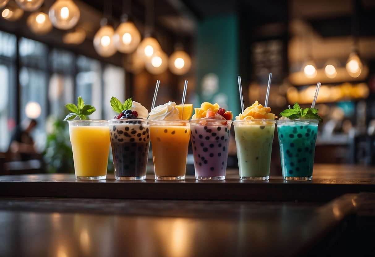 Customers sipping various colorful bubble teas in a cozy, modern tea shop with a wide selection of unique flavors and toppings