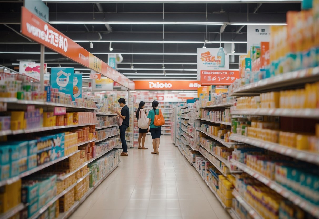 Customers browsing aisles of colorful products in the bustling, spacious Daiso store in Singapore. Shelves filled with a wide variety of items, from stationery to household goods