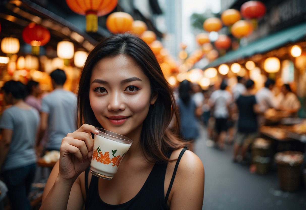 A woman sips Koi Thé in a bustling Singapore street, surrounded by vibrant Taiwanese street food stalls and traditional lanterns