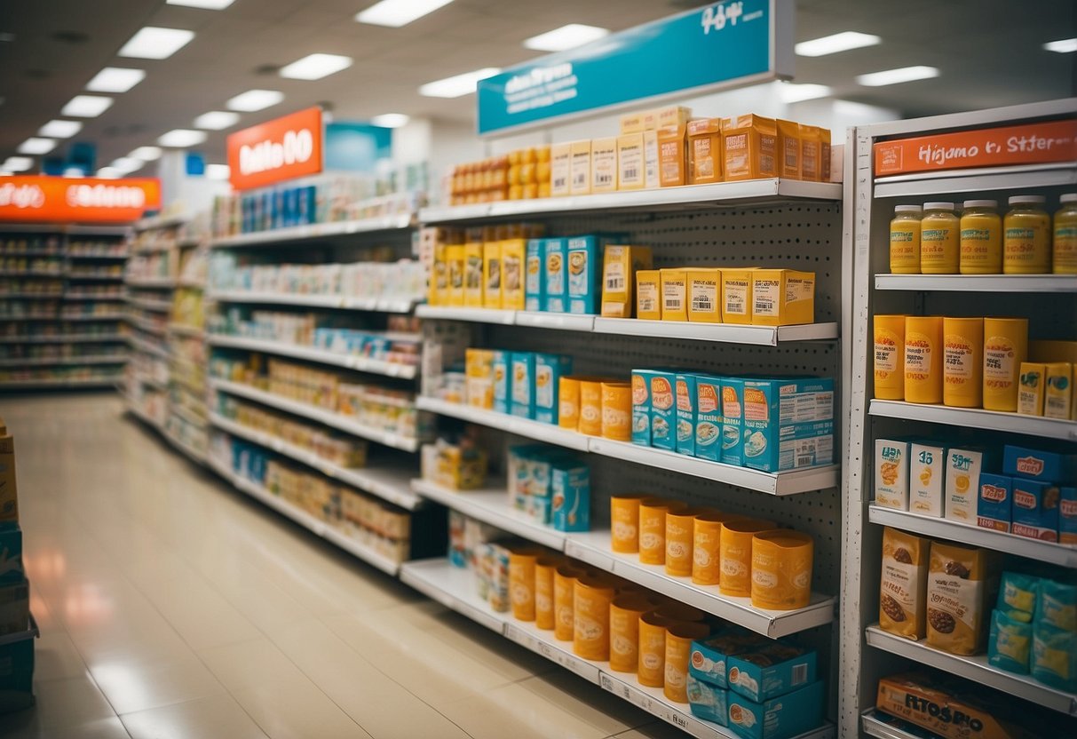 Shelves filled with various products at Daiso Singapore, with clear price tags on each item