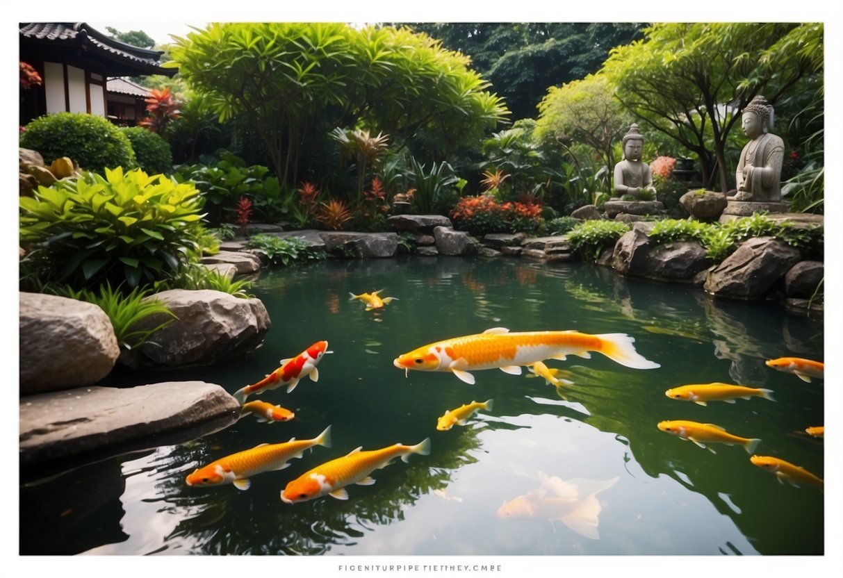A colorful koi pond with a sign reading "Frequently Asked Questions koi thé singapore" in a serene garden setting
