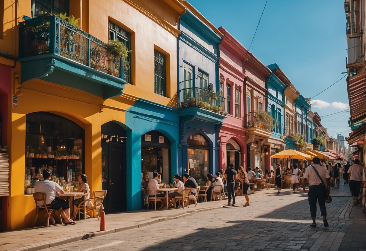 A bustling street lined with colorful shophouses under a clear blue sky, with people enjoying outdoor dining and vibrant street art adorning the walls