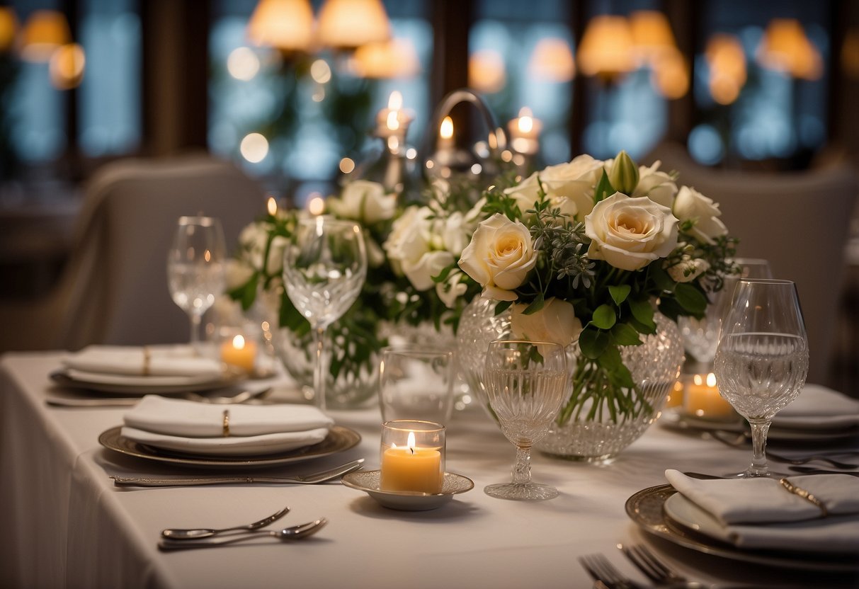 Elegant table setting with fine china, crystal glassware, and fresh floral centerpieces. Soft ambient lighting and attentive waitstaff create a luxurious dining atmosphere