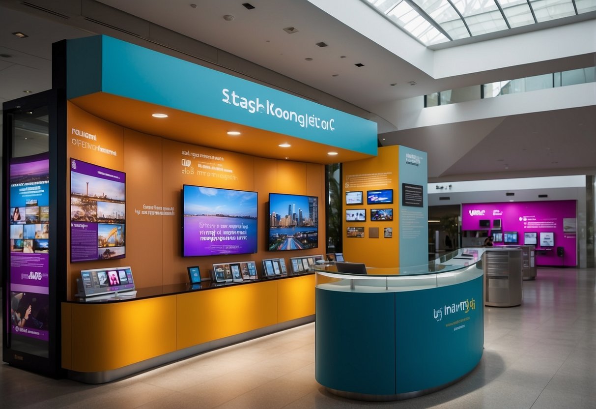 A vibrant, modern visitor information center in Singapore, with a sleek design and colorful displays, welcomes tourists with helpful resources and friendly staff