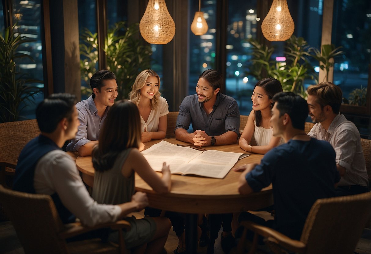 A group of friends gathered around a table, discussing and looking at a list of frequently asked questions about Les Amis Singapore