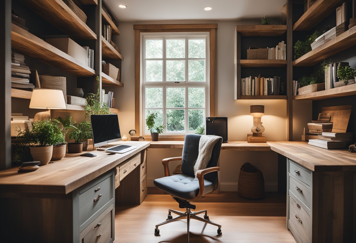 A cozy home office with a desk made from reclaimed wood, a chair upholstered in eco-friendly fabric, and shelves filled with sustainable decor and office supplies