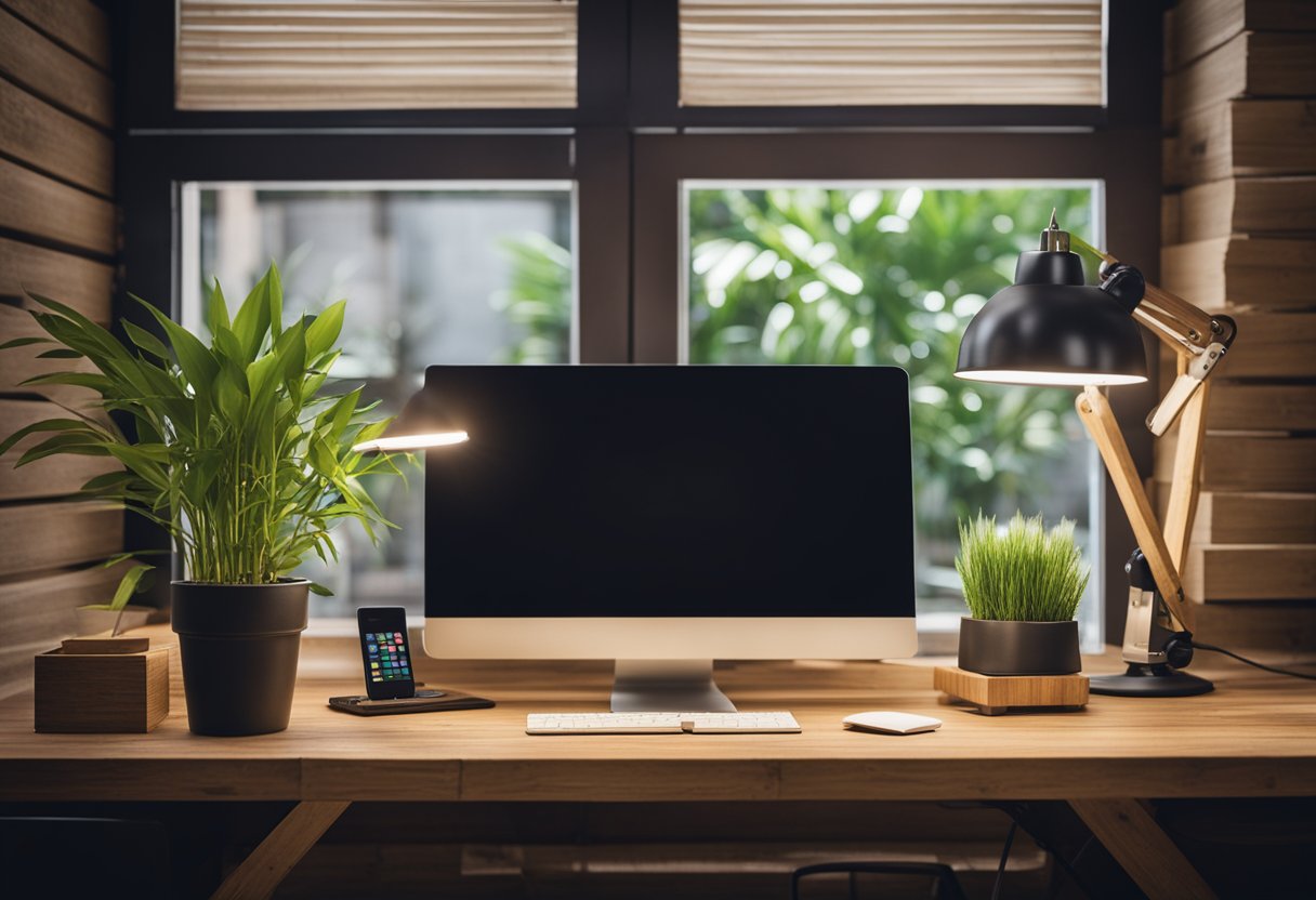 A desk with bamboo accessories, a potted plant, and recycled paper notebooks on a reclaimed wood shelf. LED desk lamp and energy-efficient windows