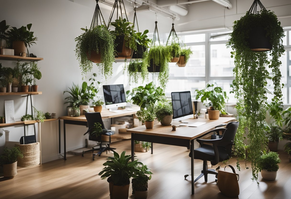 A sunlit office space with potted plants on desks and shelves, a hanging macrame plant holder, and a wall-mounted vertical garden