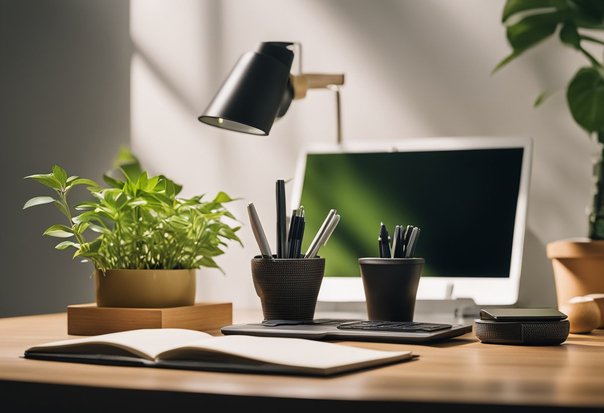 A desk with reusable pens, biodegradable notebooks, and a bamboo desk organizer. A plant in a recycled pot sits next to a solar-powered desk lamp