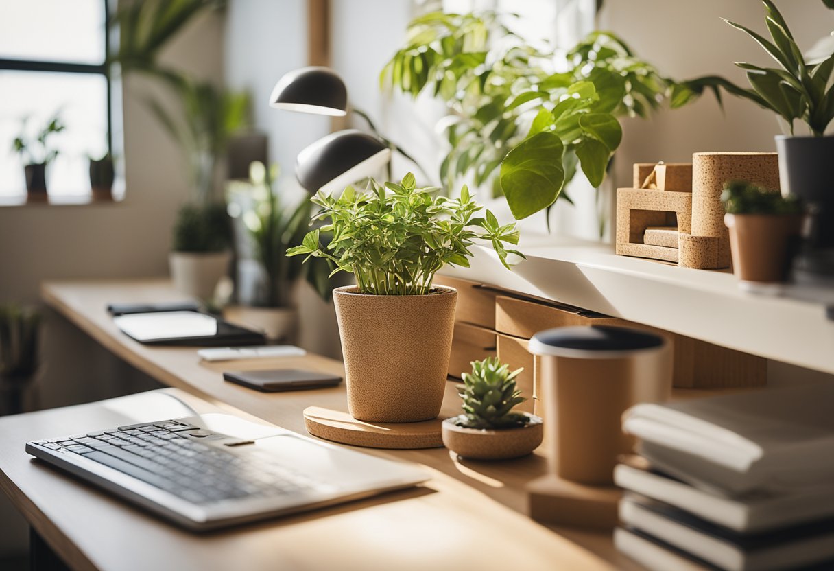 A bright, airy office space with recycled paper desk accessories, energy-efficient lighting, and potted plants. Sustainable materials like bamboo and cork are used for furniture and decor