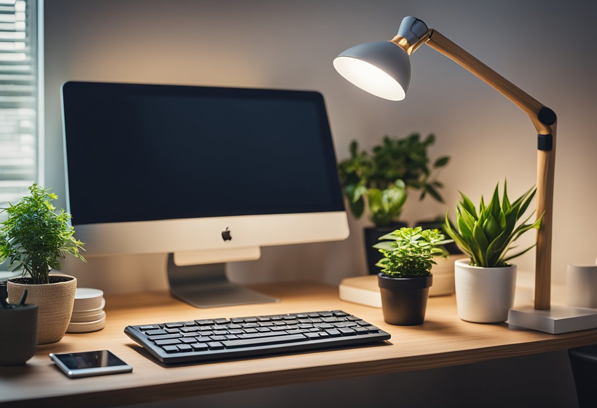 A clutter-free desk with a sleek, eco-friendly laptop and a bamboo keyboard. A shelf of potted plants and recycled paper supplies. LED desk lamp and solar-powered calculator