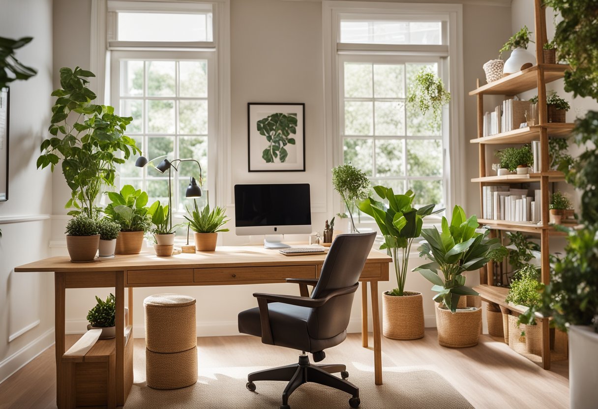 A bright, airy home office with recycled furniture, energy-efficient lighting, and potted plants. Sustainable materials like bamboo and cork are used for flooring and desk surfaces