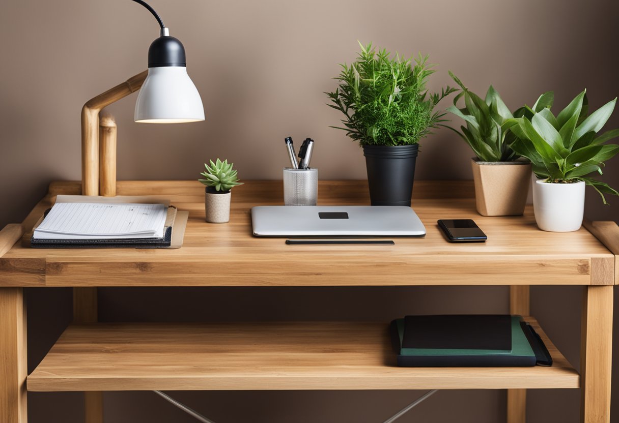 A desk with bamboo organizers, a recycled paper notebook, and a potted plant on a reclaimed wood shelf. A reusable water bottle and energy-efficient desk lamp complete the eco-friendly home office decor