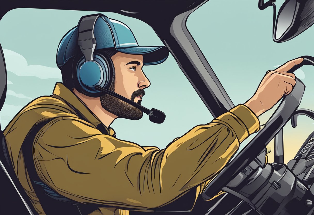 A trucker effortlessly uses a wireless headset while driving for safety