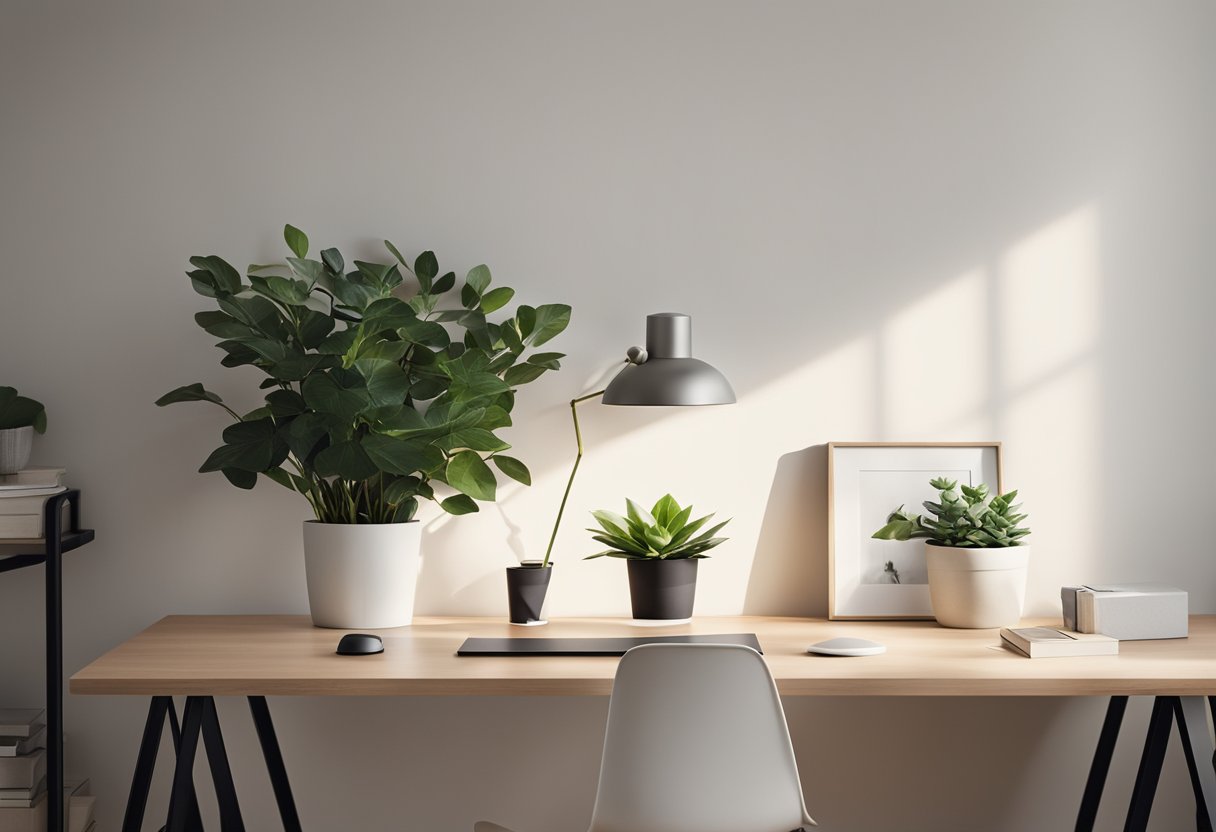 A clutter-free desk with a potted plant, calming artwork, and natural lighting. Minimalist decor and neutral colors create a serene atmosphere