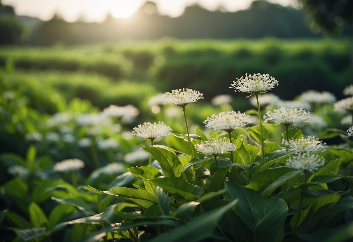 Lush green fields of Minari in Singapore, with vibrant leaves and delicate white flowers, surrounded by a serene and peaceful atmosphere