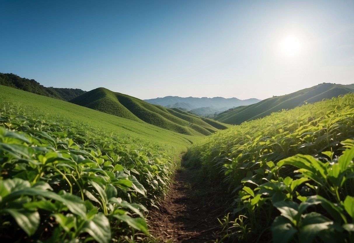 A lush green field of minari plants stretches out, with gentle hills in the background and a clear blue sky above
