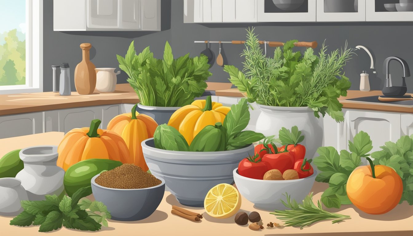 A kitchen counter with various herbs, spices, and natural remedies for allergies. A bowl of fresh fruits and vegetables sits next to a mortar and pestle