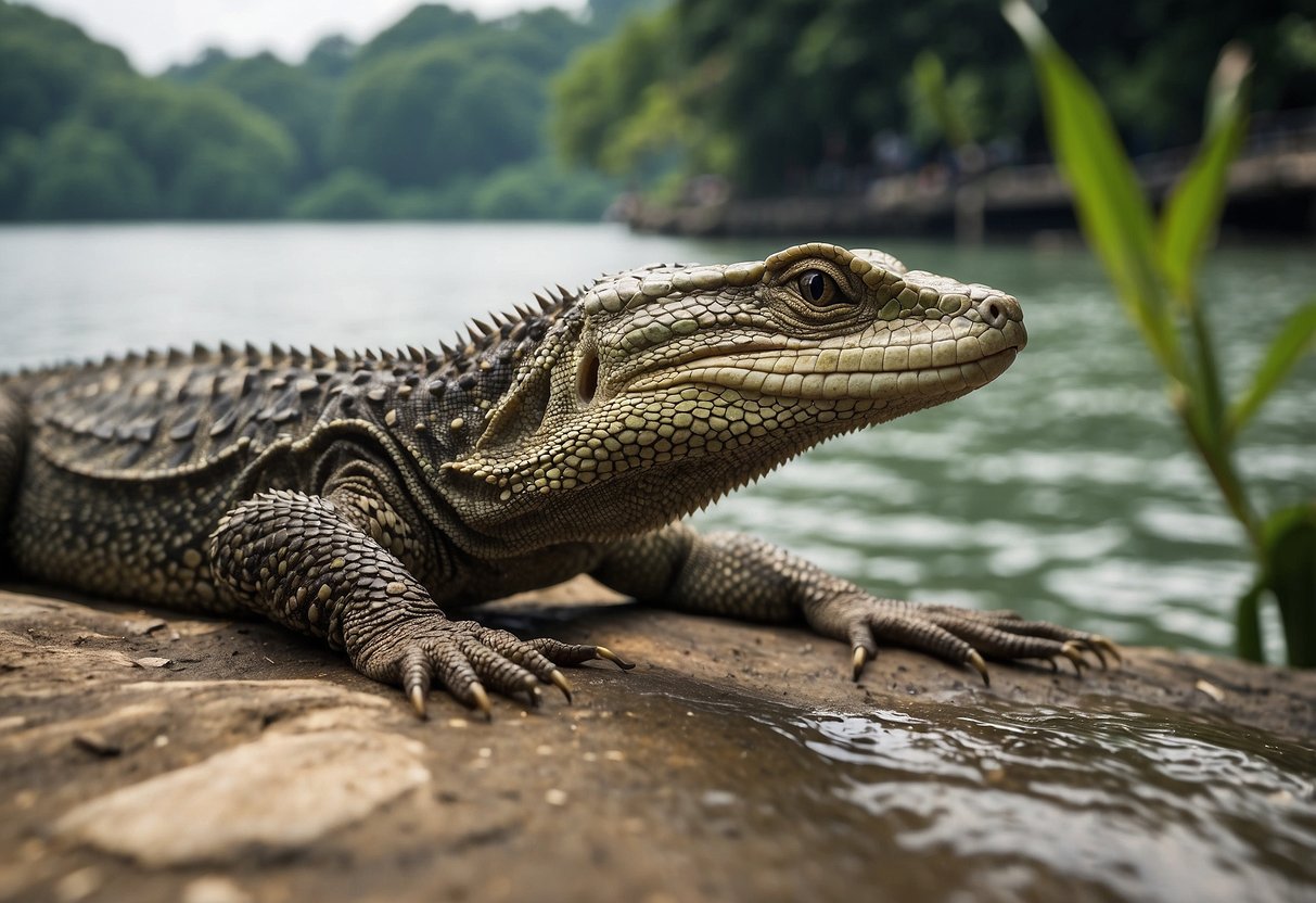 Two monitor lizards basking on the banks of a Singaporean river
