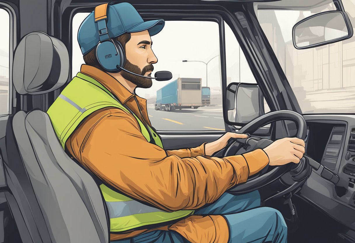 A trucker effortlessly connects a wireless headset for safe driving