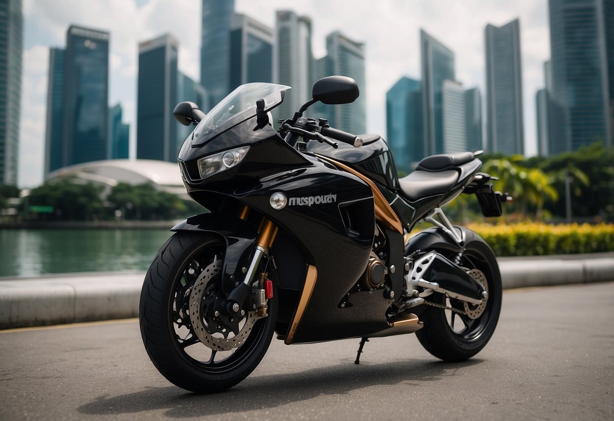 A sleek motorcycle parked in front of a modern Singapore skyline, with a prominent "motorcycle insurance" sign in the background