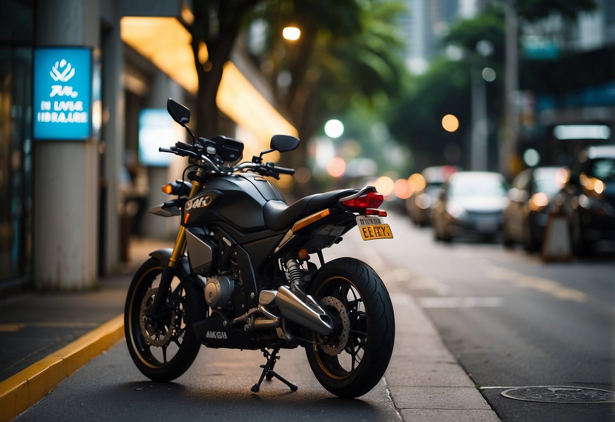 A motorcycle parked in a bustling Singapore street, with a prominent insurance company sign in the background