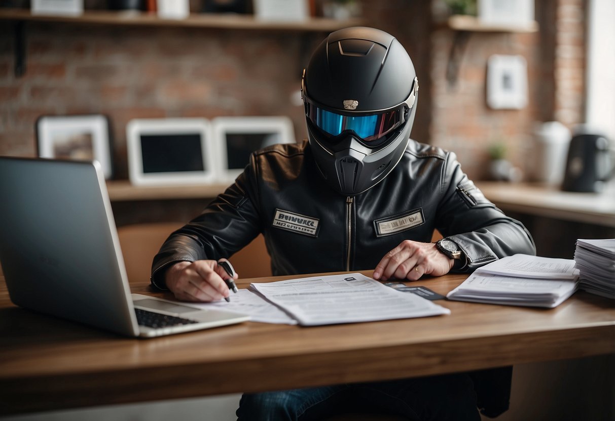 A motorcyclist comparing insurance plans at a desk with a laptop and paperwork, surrounded by insurance brochures and a helmet on the table