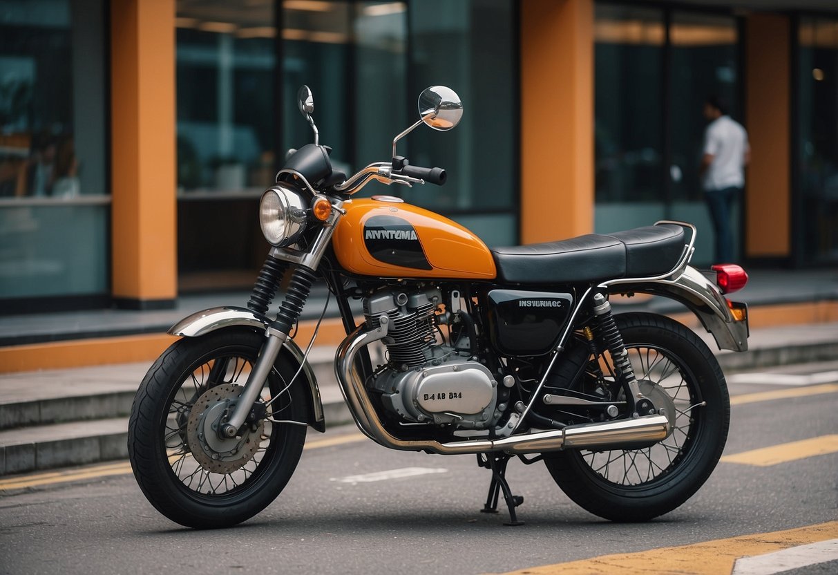 A motorcycle parked in front of an insurance office with a sign that reads "Frequently Asked Questions motorcycle insurance Singapore."