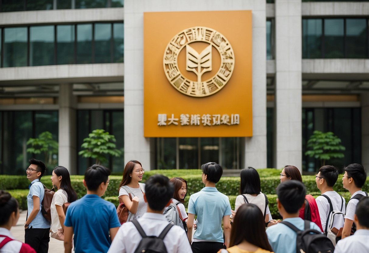 Students eagerly gather around the Nanyang Technological University admissions office, excitedly discussing the various academic programmes offered. The university's iconic logo proudly displayed on the building, symbolizing excellence in education
