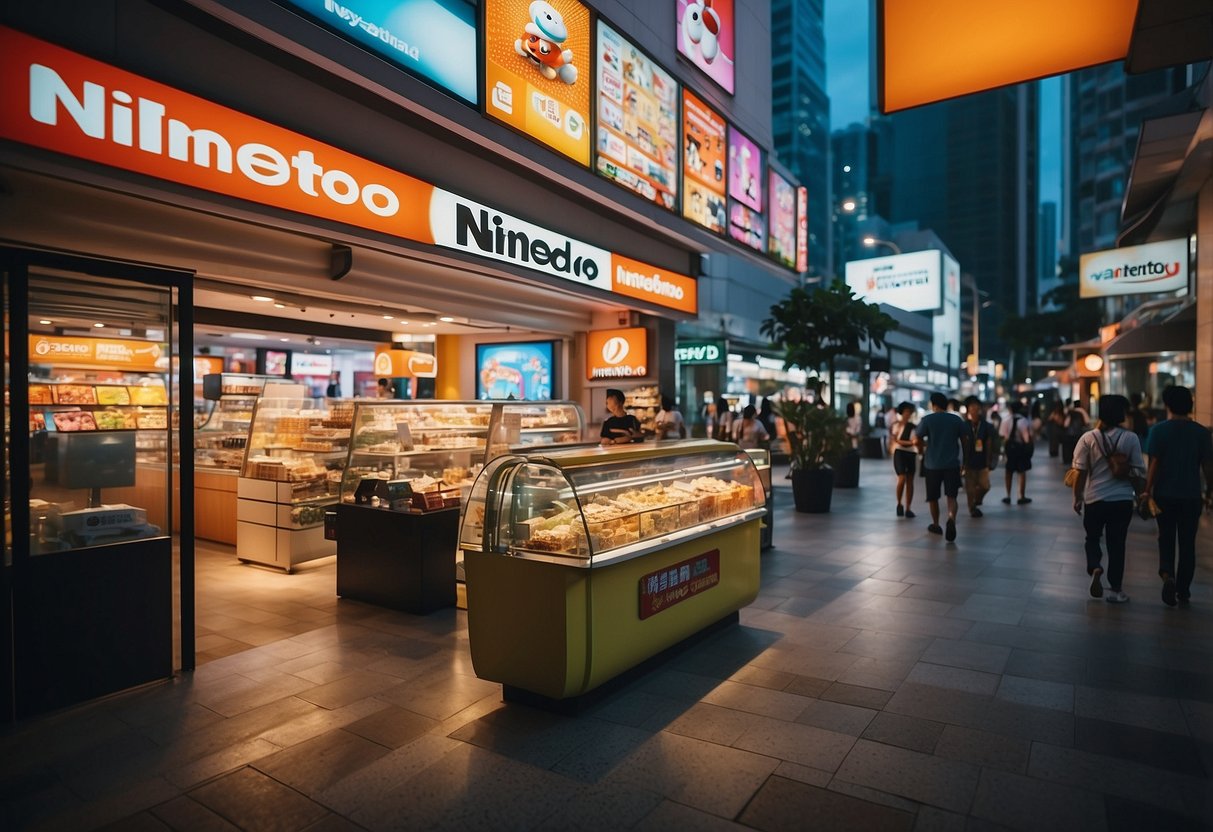 A bustling street with a vibrant storefront displaying "Nintendo eShop Singapore" signage. Bright colors and a variety of game characters catch the eye