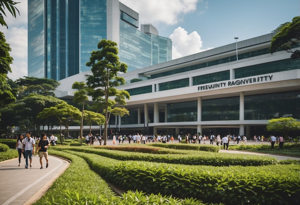 A bustling university campus with students walking between modern buildings and lush greenery, featuring a prominent sign reading "Frequently Asked Questions Nanyang Technological University Singapore."