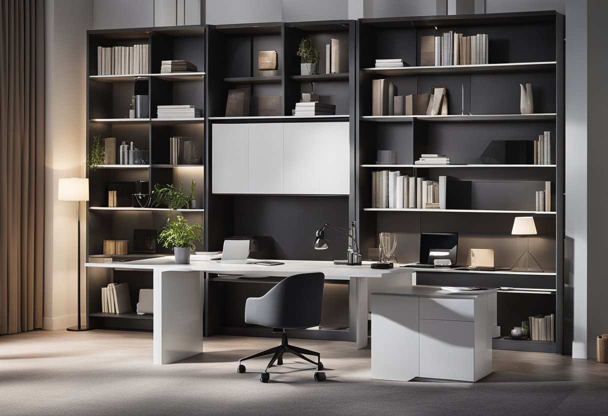 A sleek desk with integrated shelves and drawers. A modern chair with hidden compartments. A bookcase with concealed storage