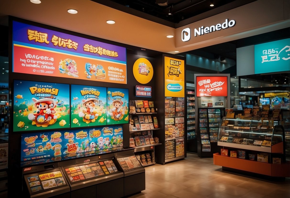 Colorful banners and signs promoting exclusive offers and promotions at the Nintendo eShop in Singapore