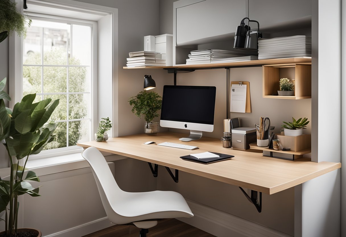 A compact desk with built-in shelves, wall-mounted organizers, and hanging file folders maximize vertical space in a clutter-free home office
